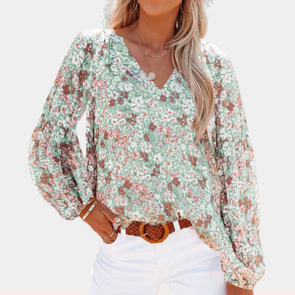 Sheric | Luftige Damen Sommerbluse mit V‑Ausschnitt & Blumenmuster – Langarmbluse im Boho‑Stil