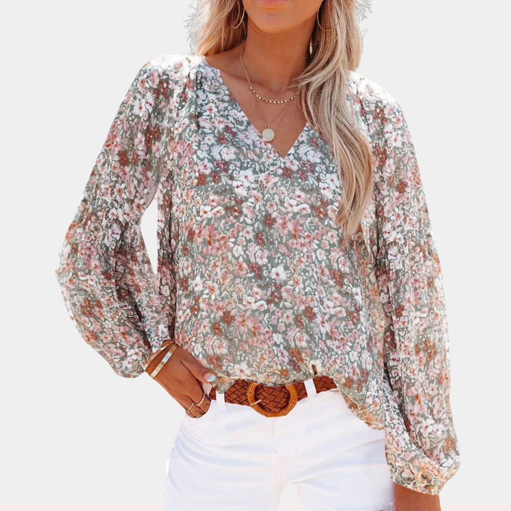 Sheric | Luftige Damen Sommerbluse mit V‑Ausschnitt & Blumenmuster – Langarmbluse im Boho‑Stil