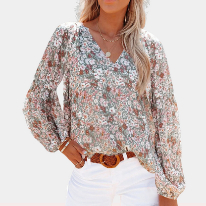 Sheric | Luftige Damen Sommerbluse mit V‑Ausschnitt & Blumenmuster – Langarmbluse im Boho‑Stil