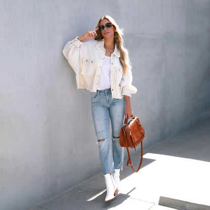 Soffie | Damen Patchwork-Jacke mit Bischofsärmeln – Stylische Übergangsjacke mit Knopfleiste & Brusttaschen