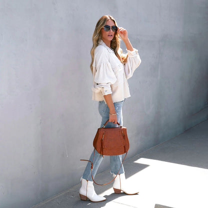 Soffie | Damen Patchwork-Jacke mit Bischofsärmeln – Stylische Übergangsjacke mit Knopfleiste & Brusttaschen