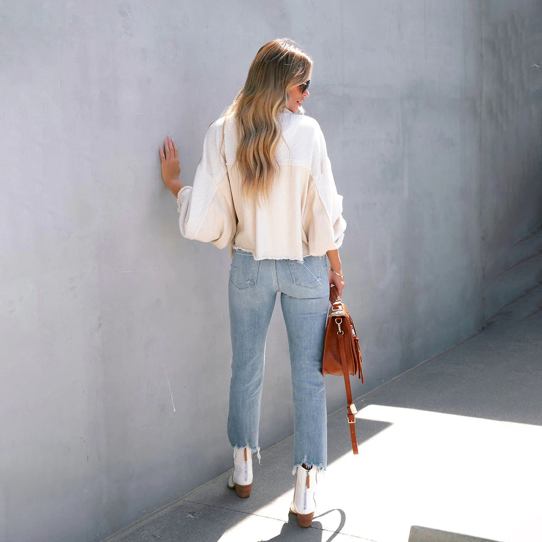 Soffie | Damen Patchwork-Jacke mit Bischofsärmeln – Stylische Übergangsjacke mit Knopfleiste & Brusttaschen