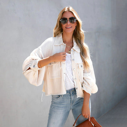 Soffie | Damen Patchwork-Jacke mit Bischofsärmeln – Stylische Übergangsjacke mit Knopfleiste & Brusttaschen