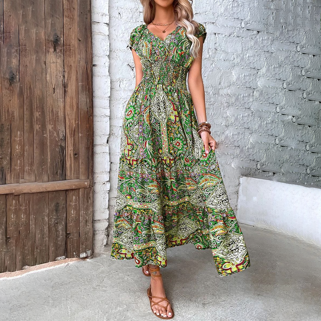 Martina | Boho Maxi Kleid – V‑Ausschnitt, Kurzarm & Tailliert mit Farbprint