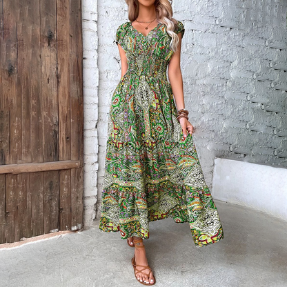 Martina | Boho Maxi Kleid – V‑Ausschnitt, Kurzarm & Tailliert mit Farbprint