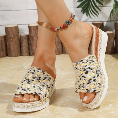 Rini | Damen Plateau-Slipper mit gewebtem Multicolor-Riemen – Bequeme Sommer-Pantoletten im Boho-Stil
