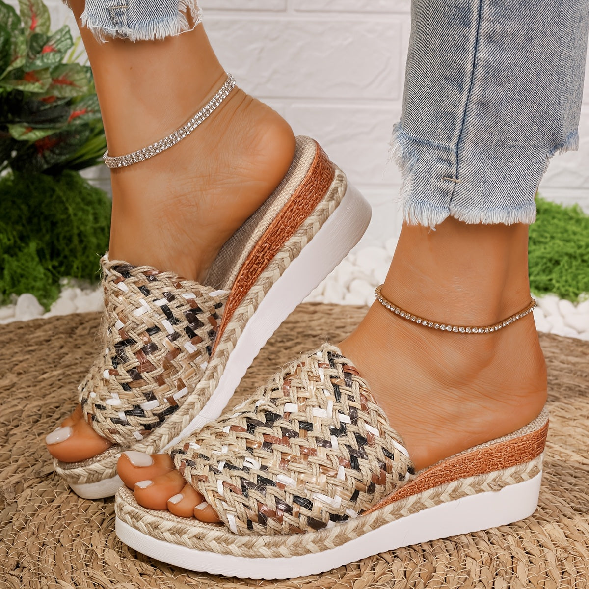 Rini | Damen Plateau-Slipper mit gewebtem Multicolor-Riemen – Bequeme Sommer-Pantoletten im Boho-Stil