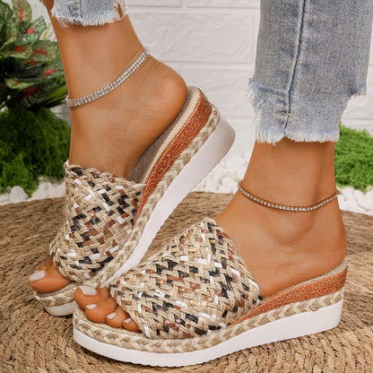 Rini | Damen Plateau-Slipper mit gewebtem Multicolor-Riemen – Bequeme Sommer-Pantoletten im Boho-Stil