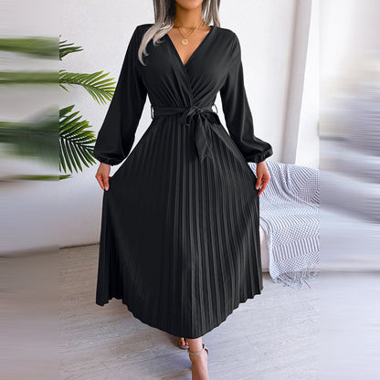 Ardena | Elegantes Damen-Maxikleid mit V-Ausschnitt, Taillengürtel und Plisseerock