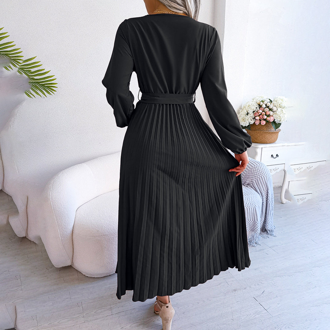 Ardena | Elegantes Damen-Maxikleid mit V-Ausschnitt, Taillengürtel und Plisseerock