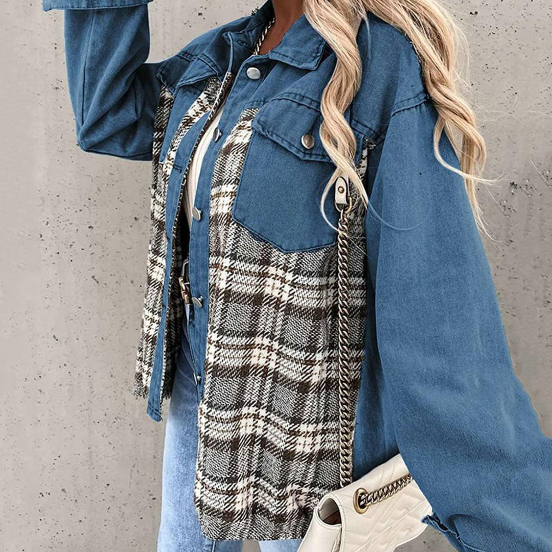 Briseis | Kariertes Damenjacke mit Knopfleiste und Kragen aus Denim-Look