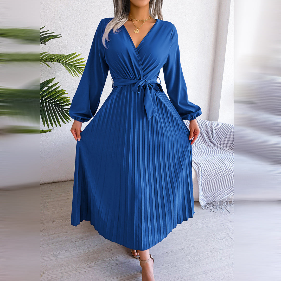 Ardena | Elegantes Damen-Maxikleid mit V-Ausschnitt, Taillengürtel und Plisseerock