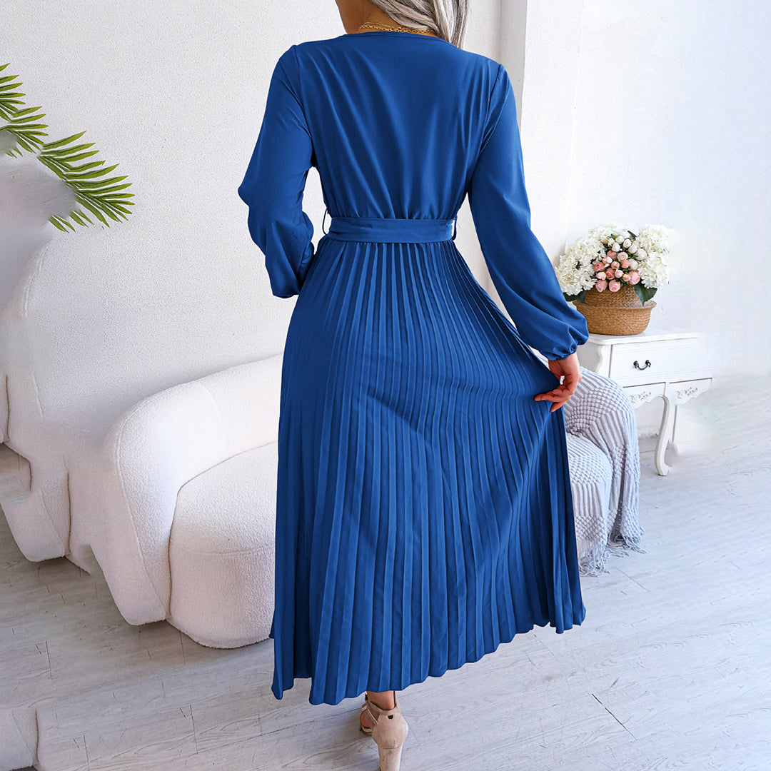 Ardena | Elegantes Damen-Maxikleid mit V-Ausschnitt, Taillengürtel und Plisseerock