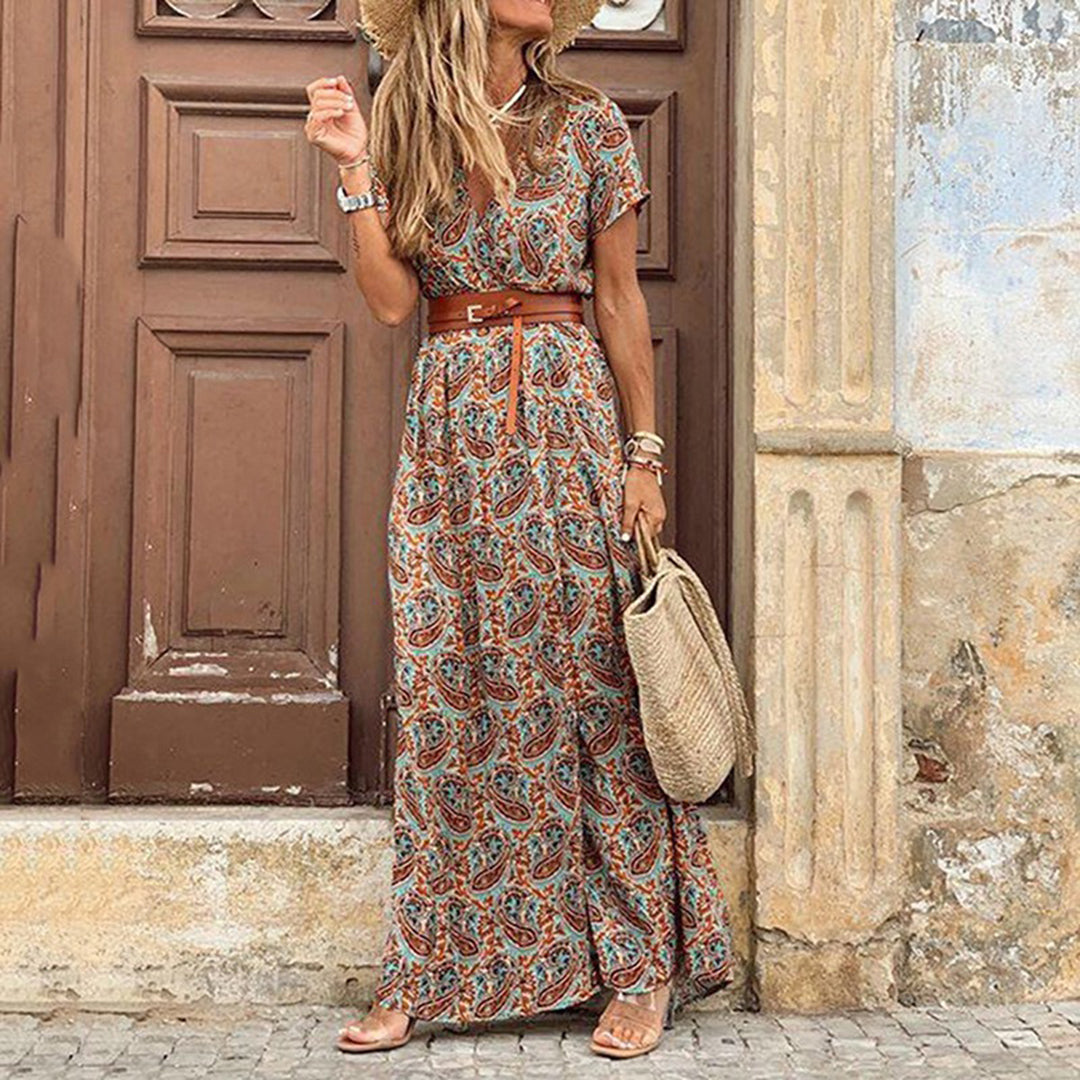 Trendaya | Boho Maxi Sommerkleid mit V-Ausschnitt, Beinschlitz & Bindegürtel – Luftig, Elegant & Feminin