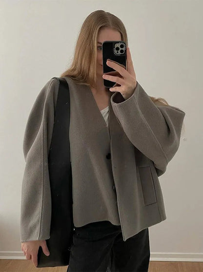 Marwenna | Damen Übergangsjacke mit Knopfleiste & Weichem Stoff – Oversized Mantel für Alltag & Freizeit