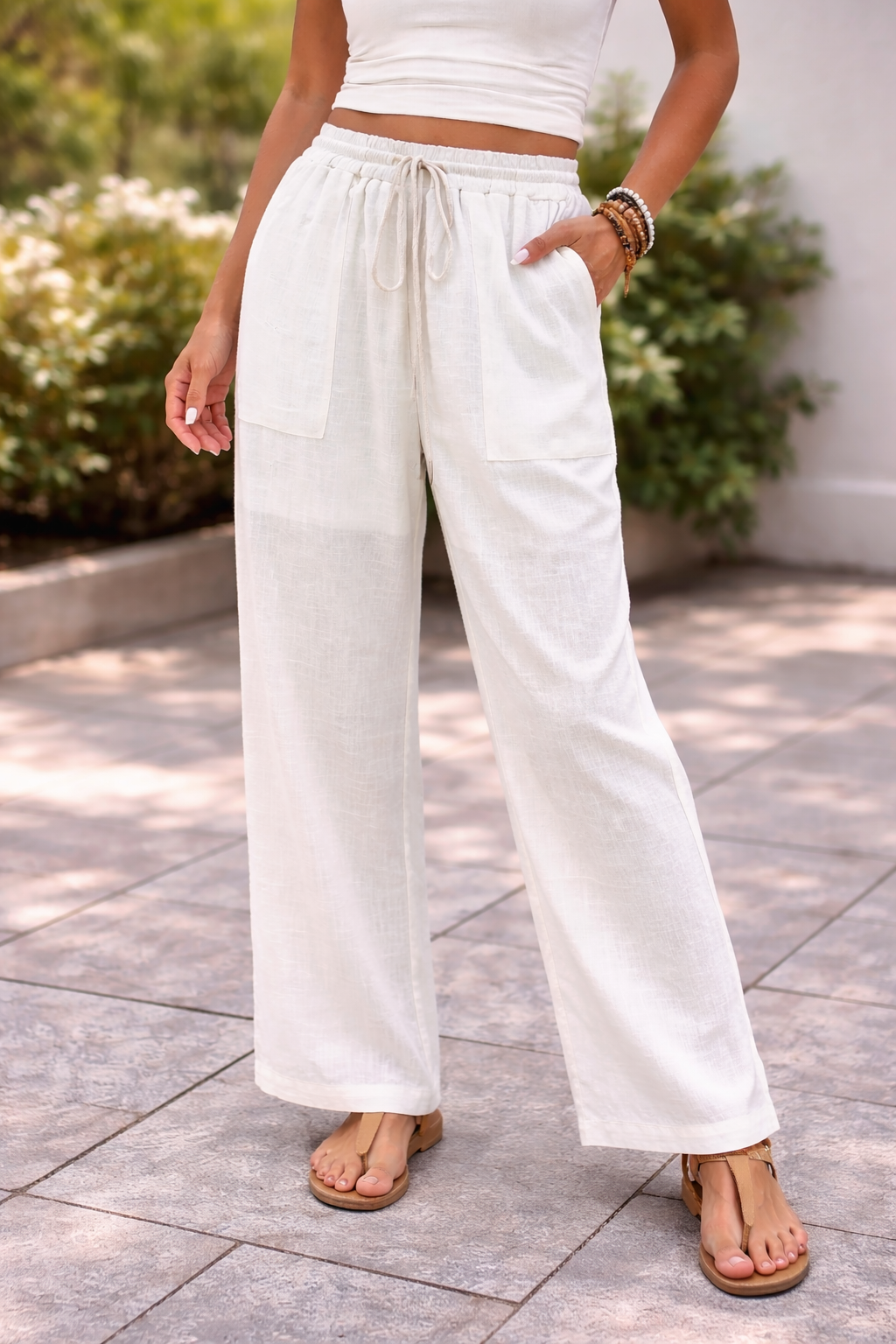Damen Leinenhose mit weitem Bein und Kordelzug – Luftige Sommerhose für Alltag und Urlaub