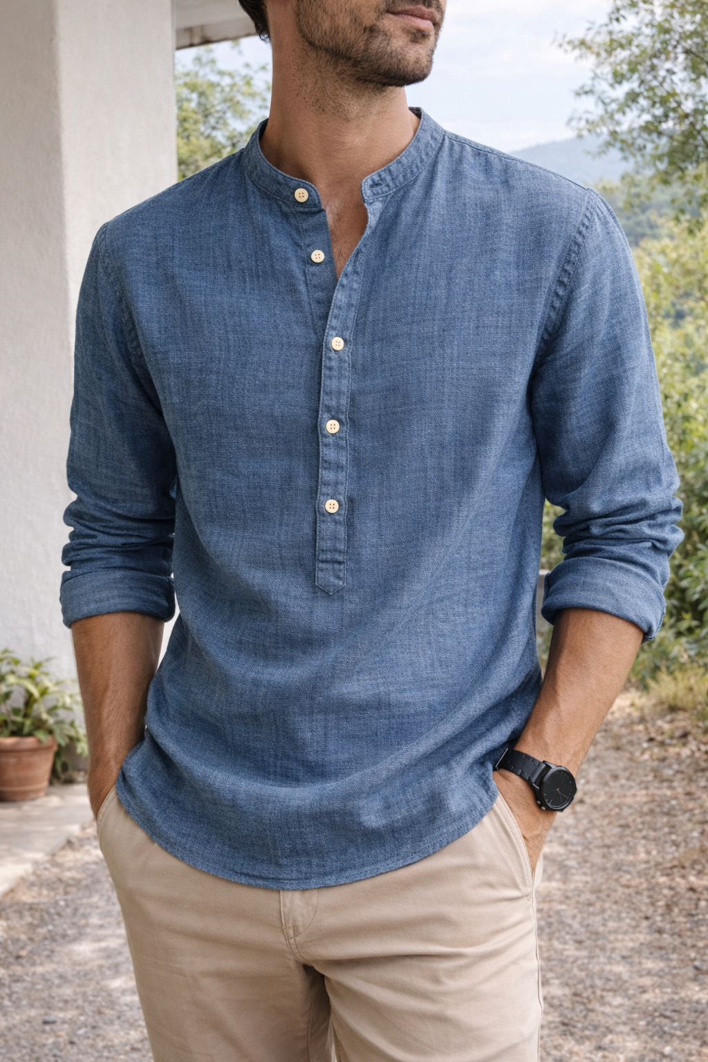 Herren Leinenhemd mit Stehkragen – Smart-Casual Hemd für Alltag, Urlaub und warme Tage