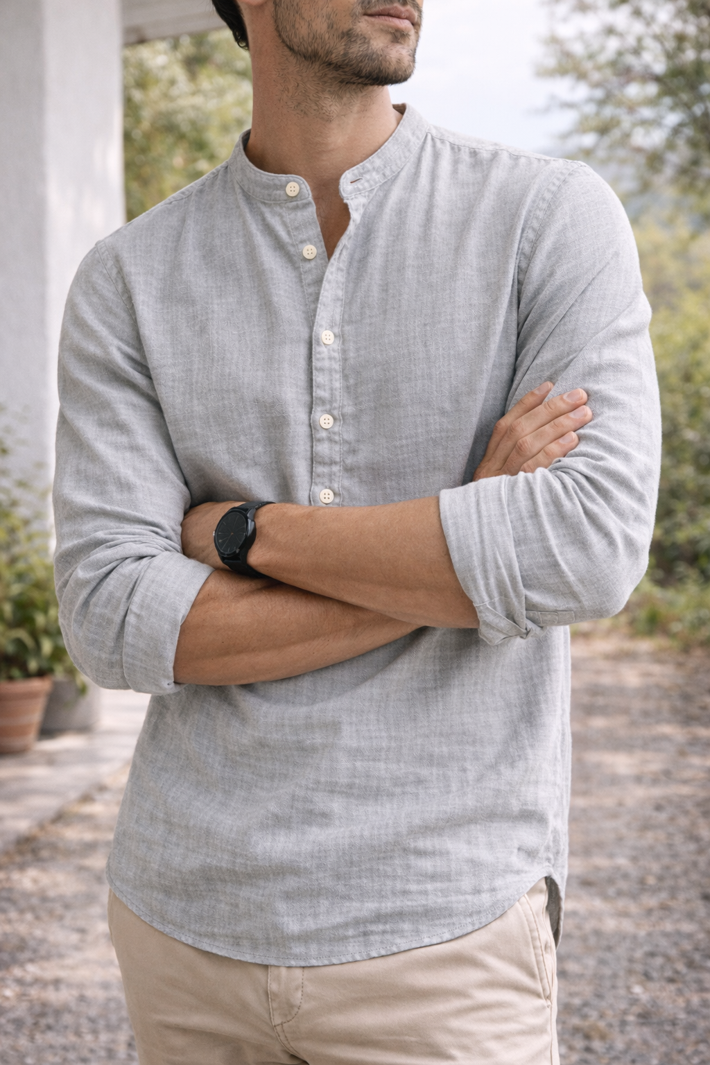 Herren Leinenhemd mit Stehkragen – Smart-Casual Hemd für Alltag, Urlaub und warme Tage