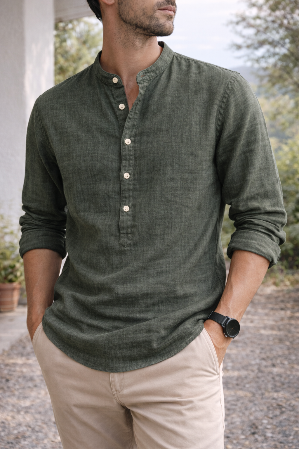 Herren Leinenhemd mit Stehkragen – Smart-Casual Hemd für Alltag, Urlaub und warme Tage