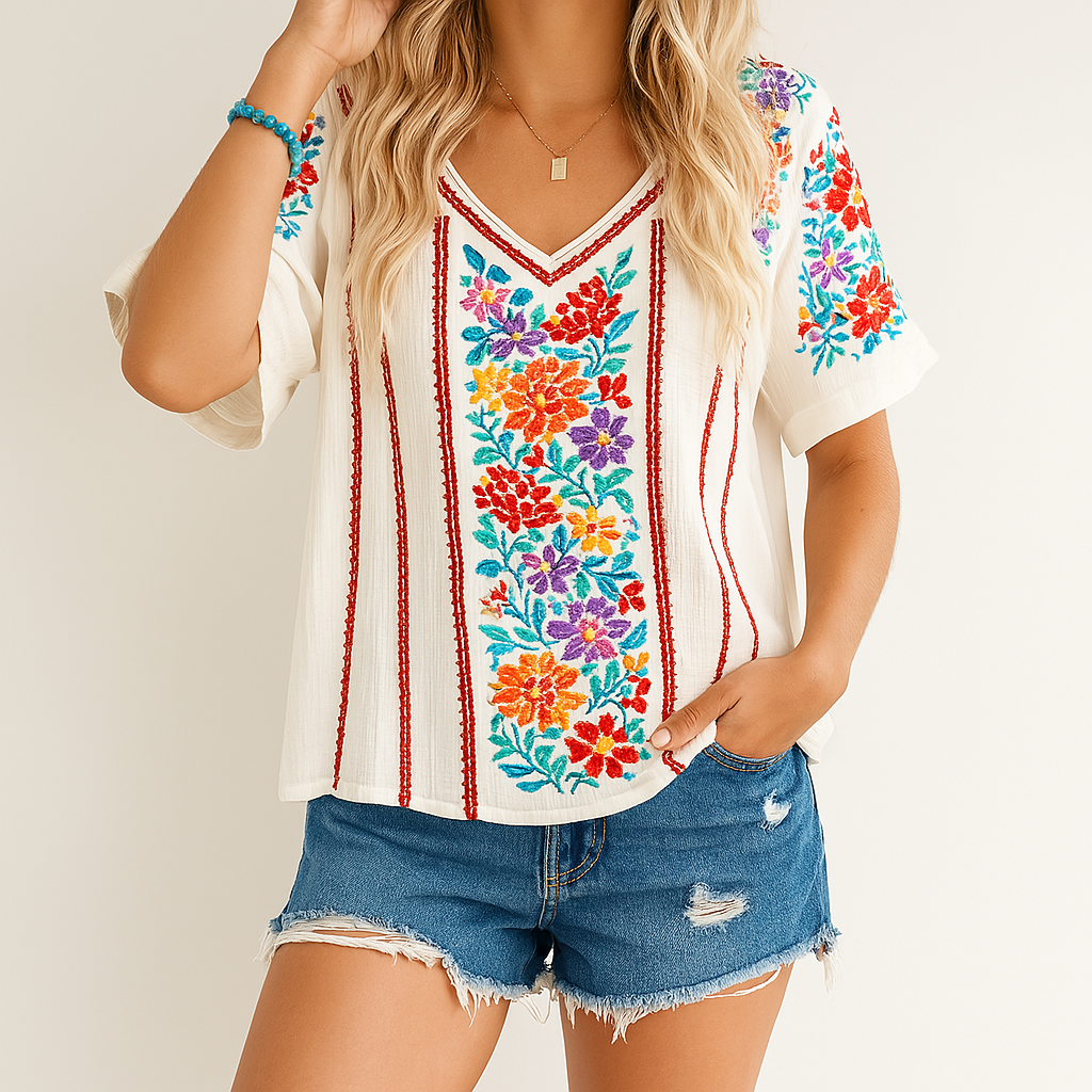 Amice | Damen Bluse mit V-Ausschnitt & floraler Stickerei – Elegante, locker fallende Sommerbluse in Unifarbe