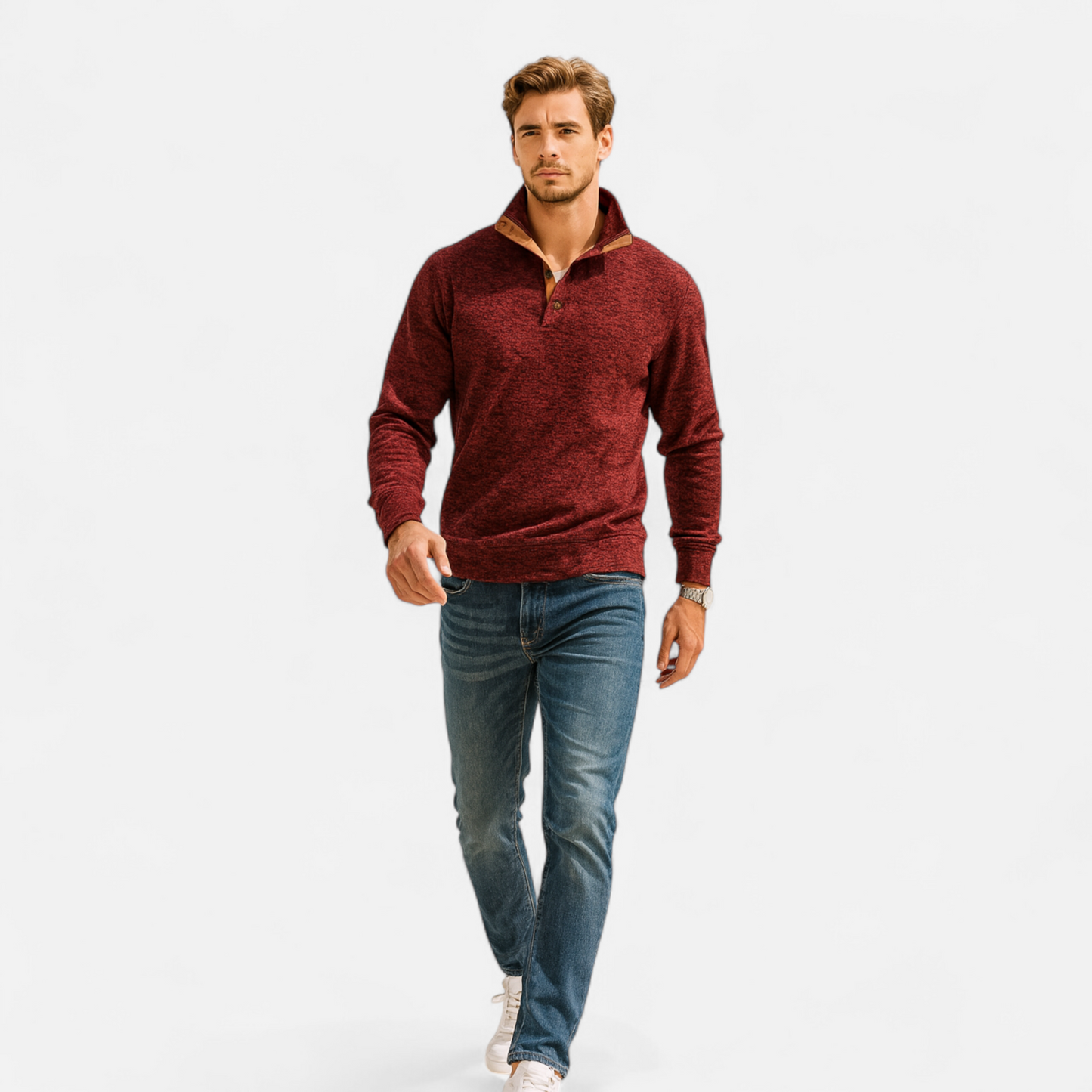 Levi | Herren Strickpullover mit Knopfleiste – Stehkragen Heritage Style mit Patchwork-Details