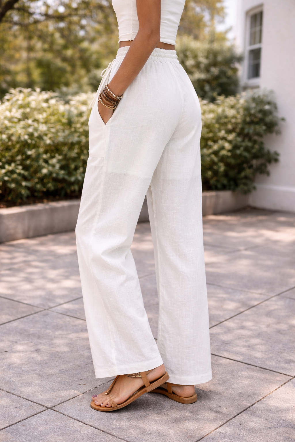 Damen Leinenhose mit weitem Bein und Kordelzug – Luftige Sommerhose für Alltag und Urlaub