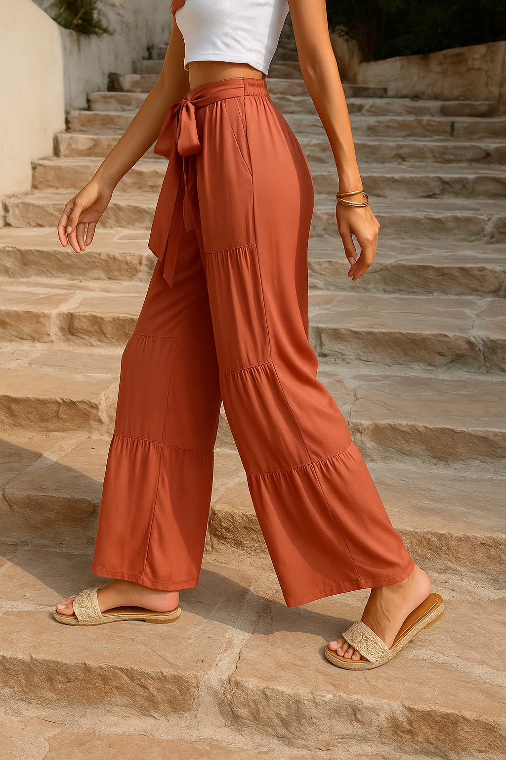 Astoria | Damen Hose mit hohem Bund, Bindegürtel & weitem Bein – Musterhose im lässigen Sommerstil