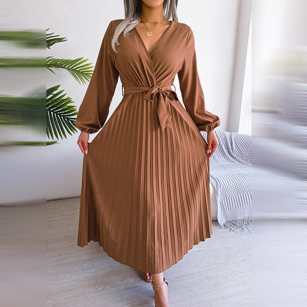 Ardena | Elegantes Damen-Maxikleid mit V-Ausschnitt, Taillengürtel und Plisseerock