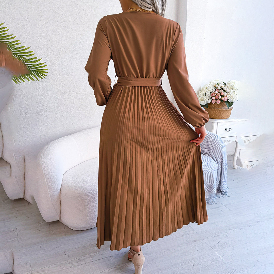 Ardena | Elegantes Damen-Maxikleid mit V-Ausschnitt, Taillengürtel und Plisseerock