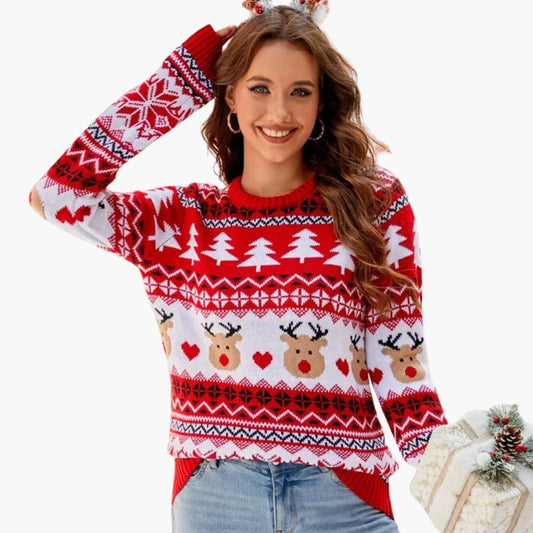 Damen Strickpullover mit Innenfutter & Rentiermotiv | Warmer Weihnachts-Pullover für Wintertage