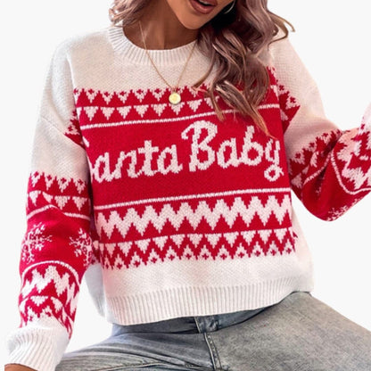 Damen Weihnachtspullover mit Rundhalsausschnitt & Schrift-Strickmuster | Bequemer Festtagslook