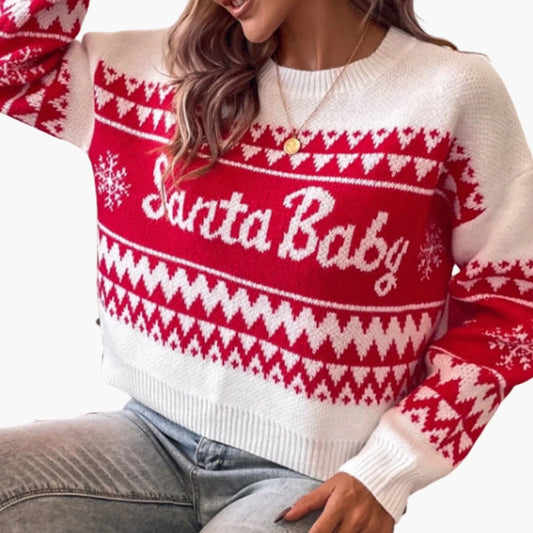 Damen Weihnachtspullover mit Rundhalsausschnitt & Schrift-Strickmuster | Bequemer Festtagslook