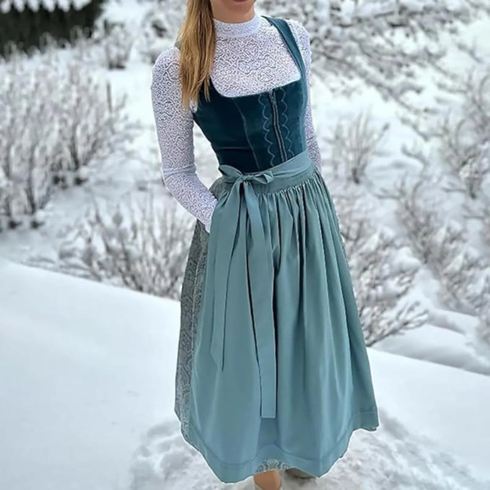 Annelisse | Damen Dirndl Kleid Midi mit Stickereien & Quadratischem Ausschnitt