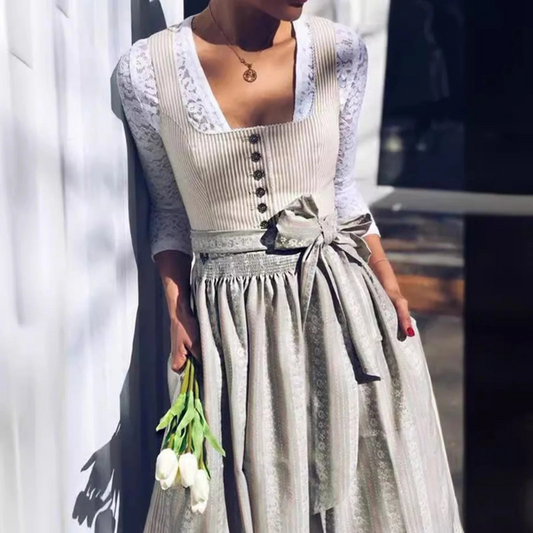 Anselora | Elegantes Damen Dirndl Kleid Midi mit Quadratischem Ausschnitt & Knopfleiste