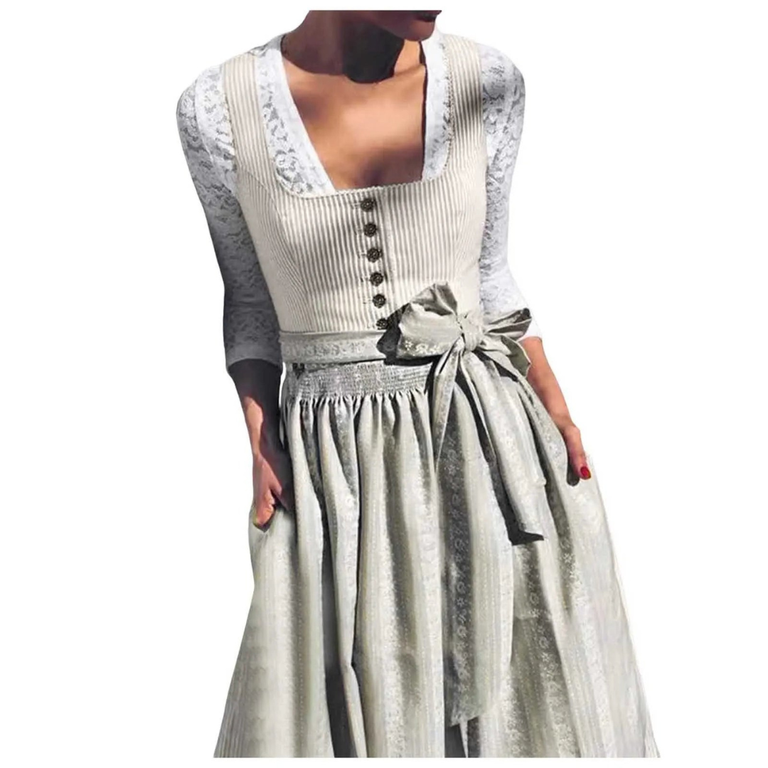 Anselora | Elegantes Damen Dirndl Kleid Midi mit Quadratischem Ausschnitt & Knopfleiste