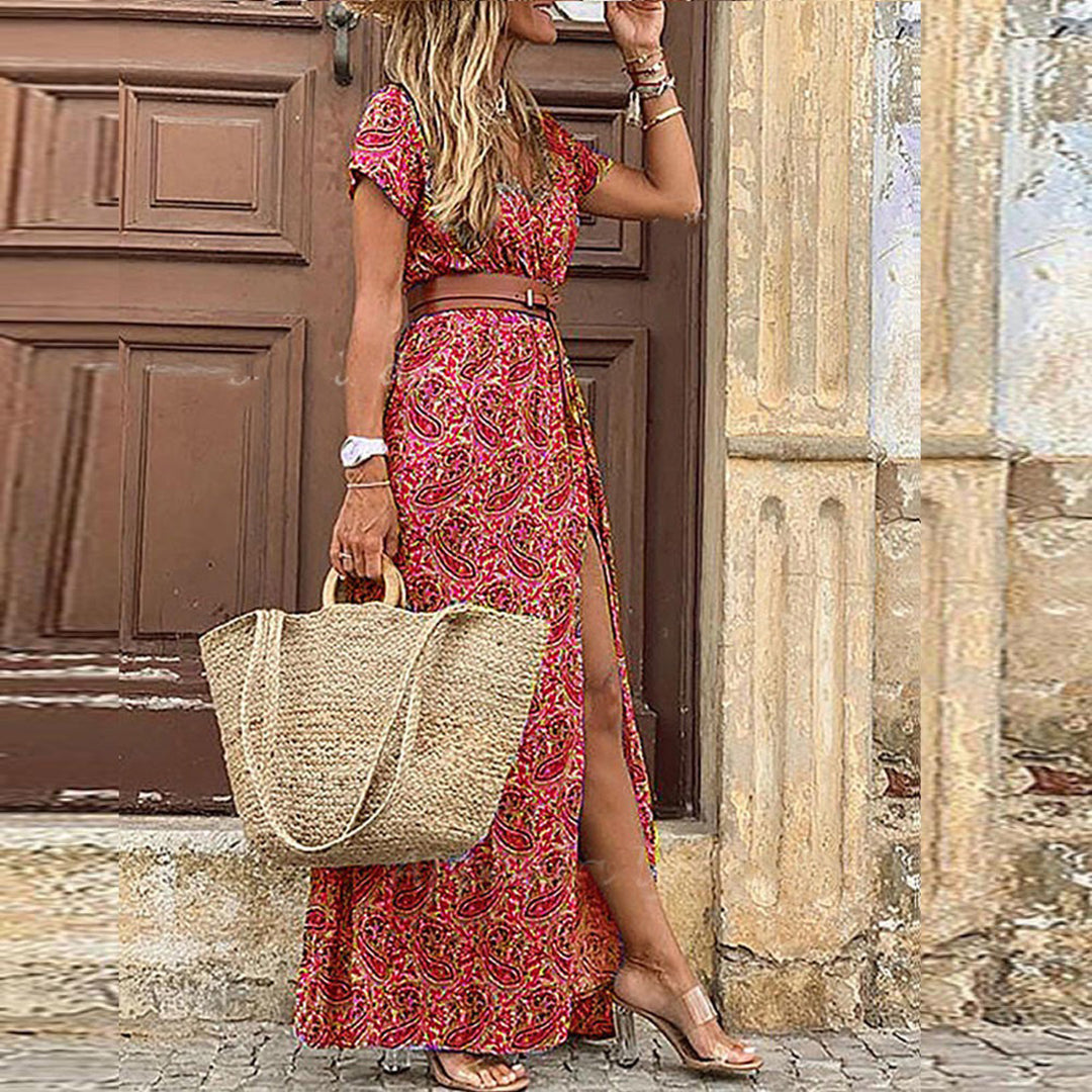 Trendaya | Boho Maxi Sommerkleid mit V-Ausschnitt, Beinschlitz & Bindegürtel – Luftig, Elegant & Feminin