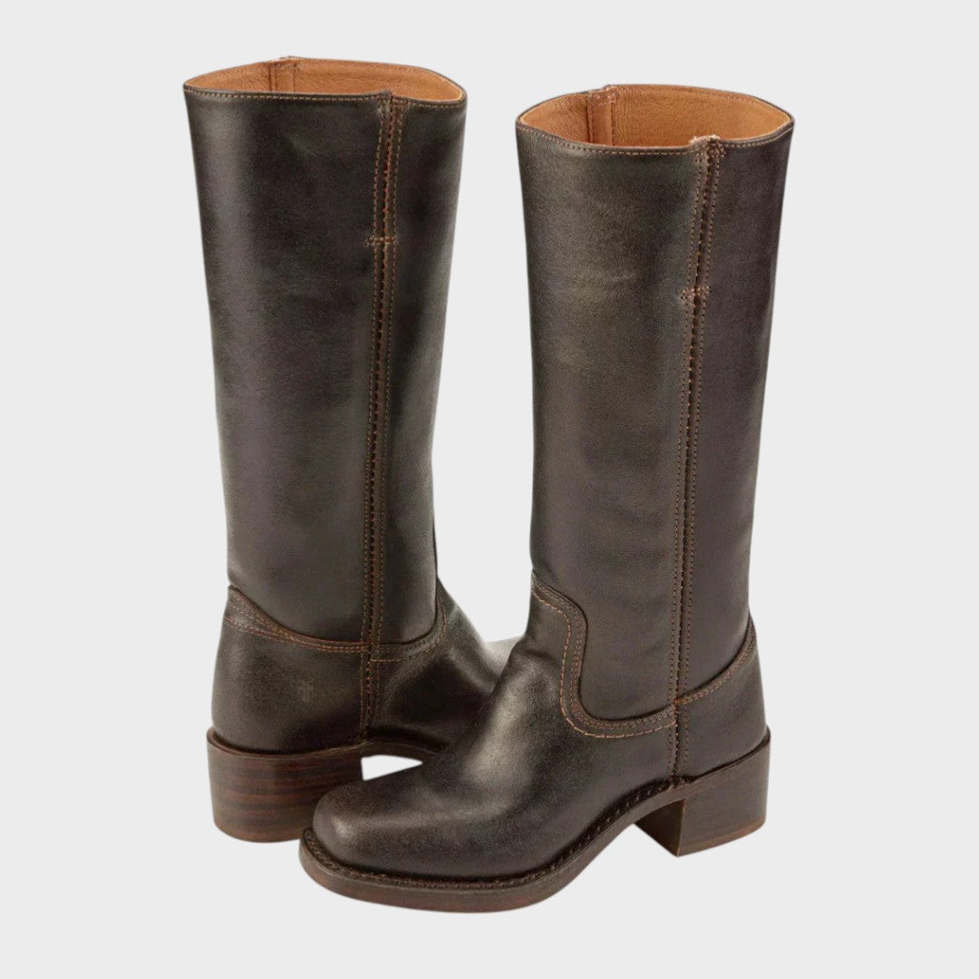 Leoline | Damen Stiefel knielang – Robuste Vintage Stiefeletten mit Blockabsatz und Lederoptik
