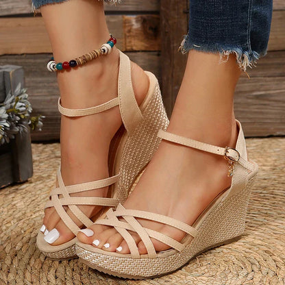 Kerini | Sandals - Damen Plateau-Wedges mit Kreuzriemen & Verstellbarer Fersen-Schnalle für Sommer-Outfits