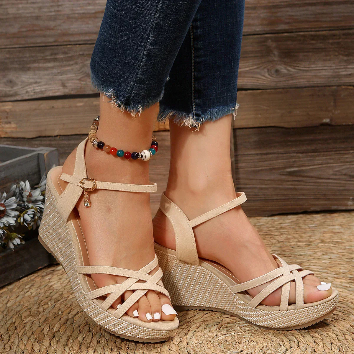 Kerini | Sandals - Damen Plateau-Wedges mit Kreuzriemen & Verstellbarer Fersen-Schnalle für Sommer-Outfits
