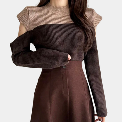Wildrose | Damen Strickpullover mit Cut-Out Ärmeln, Zweifarb-Design & Rundhalsausschnitt