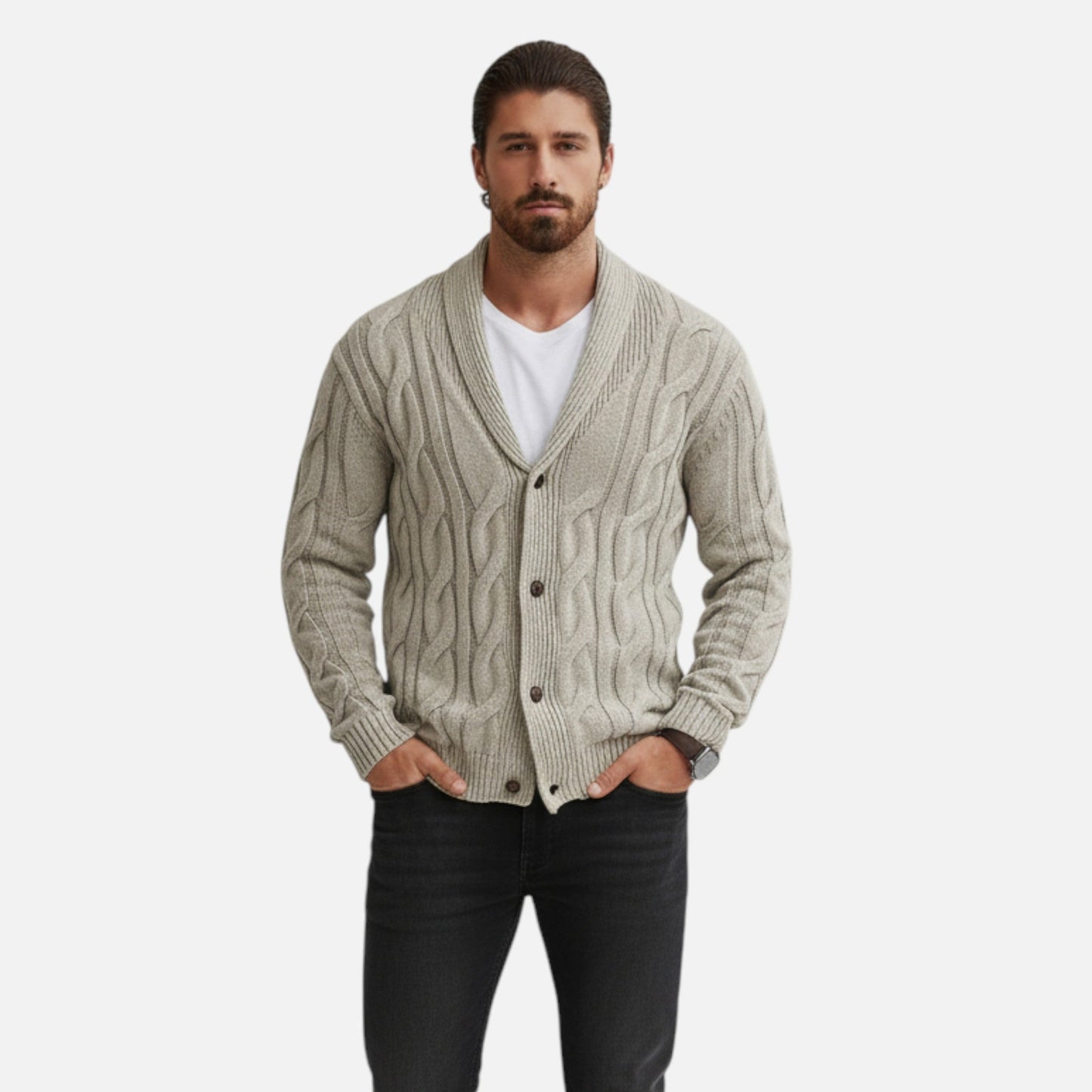 Kai | Herren Strickcardigan mit Knöpfen – Klassischer Braided Texture Knit Sweater