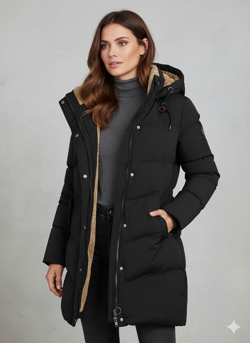 Wendelora | Damen Steppmantel mit Kapuze & Reißverschluss | Warmer Fleece-Parka für Alltag & Outdoor
