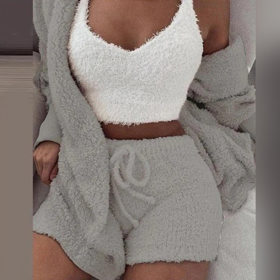 Alma | Damen Teddy Lounge Set mit Kapuzen-Cardigan & Shorts