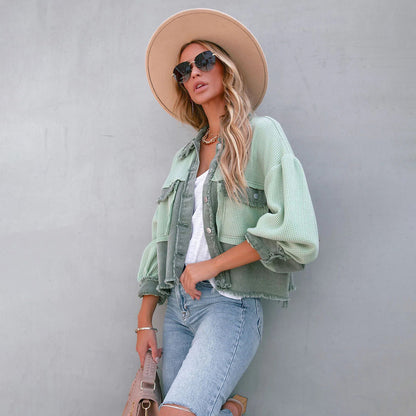 Soffie | Damen Patchwork-Jacke mit Bischofsärmeln – Stylische Übergangsjacke mit Knopfleiste & Brusttaschen