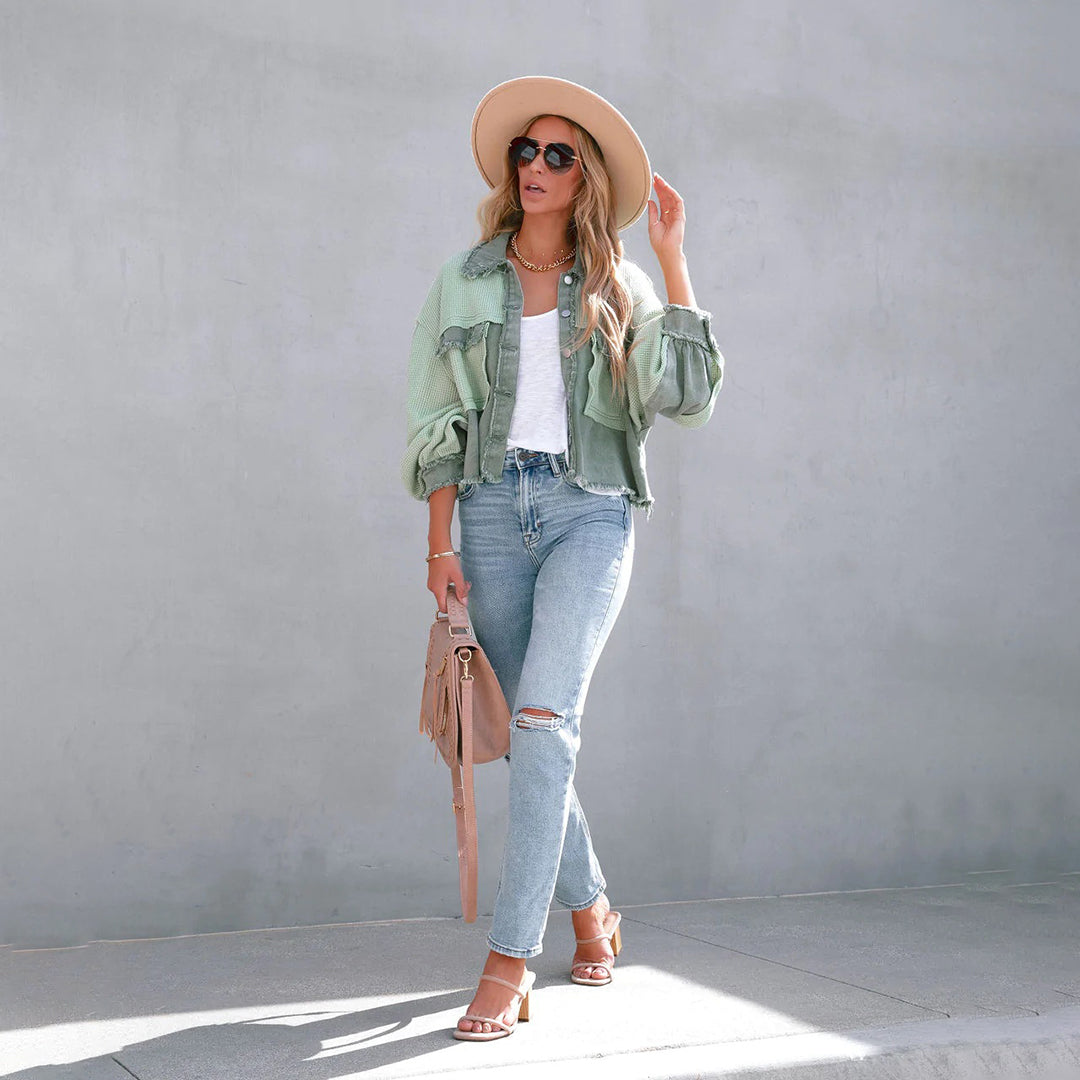 Soffie | Damen Patchwork-Jacke mit Bischofsärmeln – Stylische Übergangsjacke mit Knopfleiste & Brusttaschen