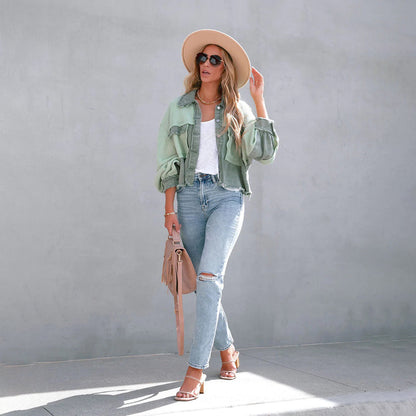 Soffie | Damen Patchwork-Jacke mit Bischofsärmeln – Stylische Übergangsjacke mit Knopfleiste & Brusttaschen