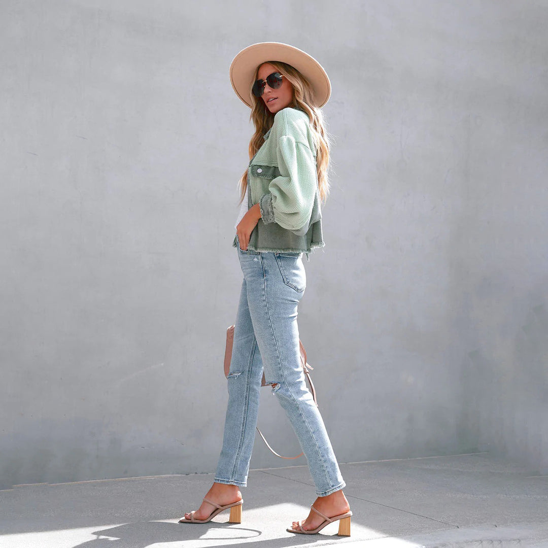 Soffie | Damen Patchwork-Jacke mit Bischofsärmeln – Stylische Übergangsjacke mit Knopfleiste & Brusttaschen