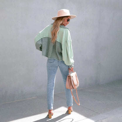 Soffie | Damen Patchwork-Jacke mit Bischofsärmeln – Stylische Übergangsjacke mit Knopfleiste & Brusttaschen