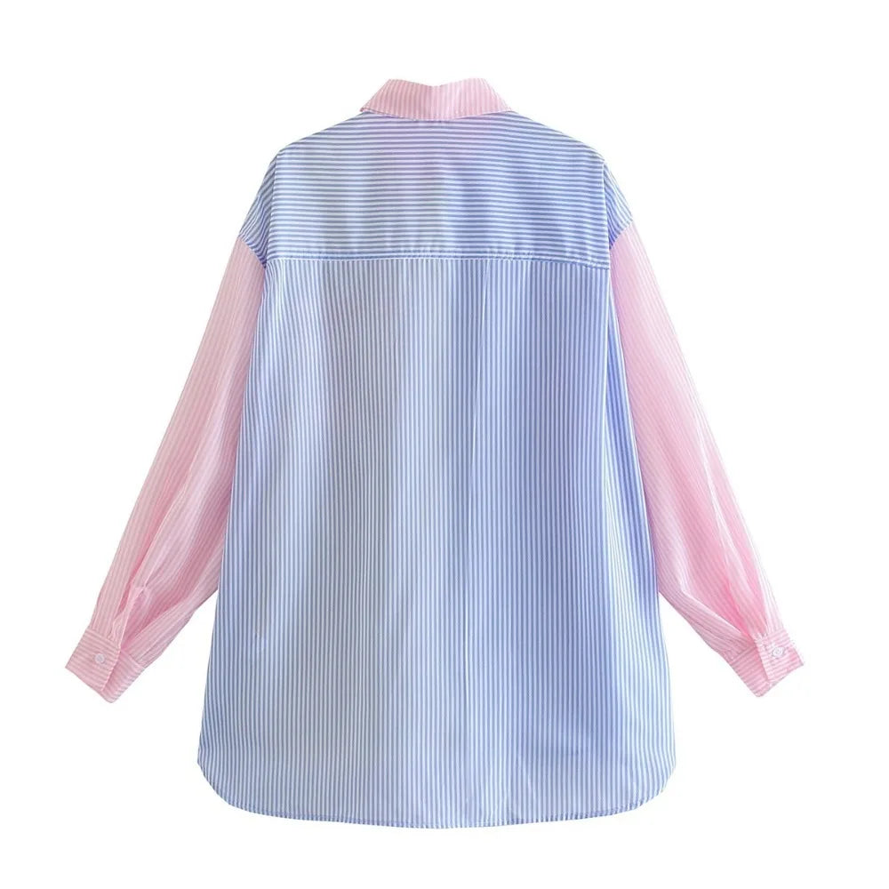 Squichie | Damen Oversize-Bluse mit Reverskragen, Knopfleiste & mehrfarbigen Streifen