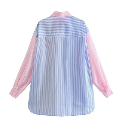 Squichie | Damen Oversize-Bluse mit Reverskragen, Knopfleiste & mehrfarbigen Streifen